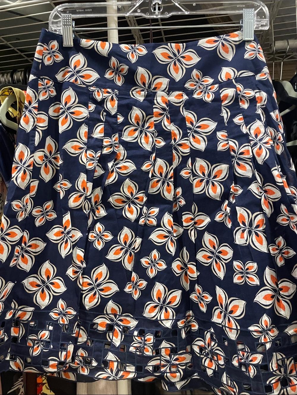 Ann Taylor Navy Floral Pleated Skater Skirt with Orange and White